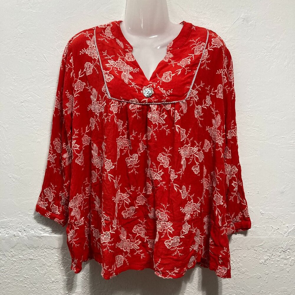 Tru Luxe Jeans Embroidered V-neck Peasant Top 3/4 Gauze Boho Red Babydoll Size L